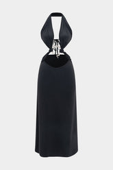 Halter V-Neck Metalic Decor Backless Sleeveless Midi Dress